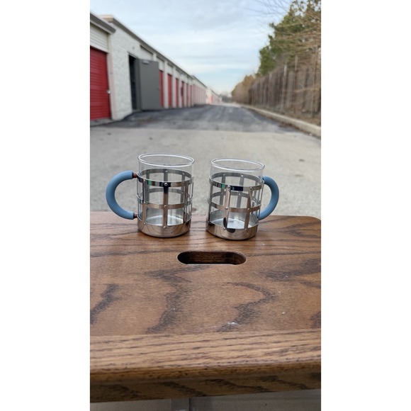 Alessi 18/10 Stainless Glass Mug Cup Set of 2 Blue Handles Italy - Picture 4 of 8